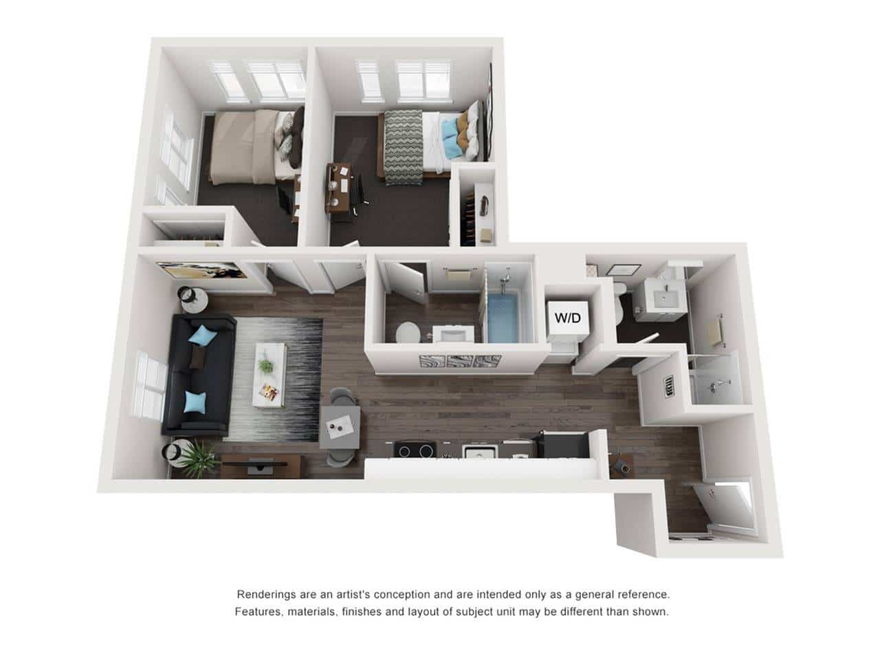 A 3D image of the 2BR/2BA – Savannah Elite Tech floorplan, a 678 squarefoot, 2 bed / 2 bath unit