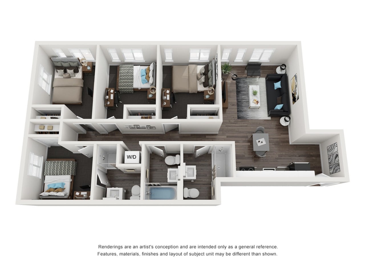 A 3D image of the 4BR/3BA – Fir Elite Tech floorplan, a 1080 squarefoot, 4 bed / 3 bath unit