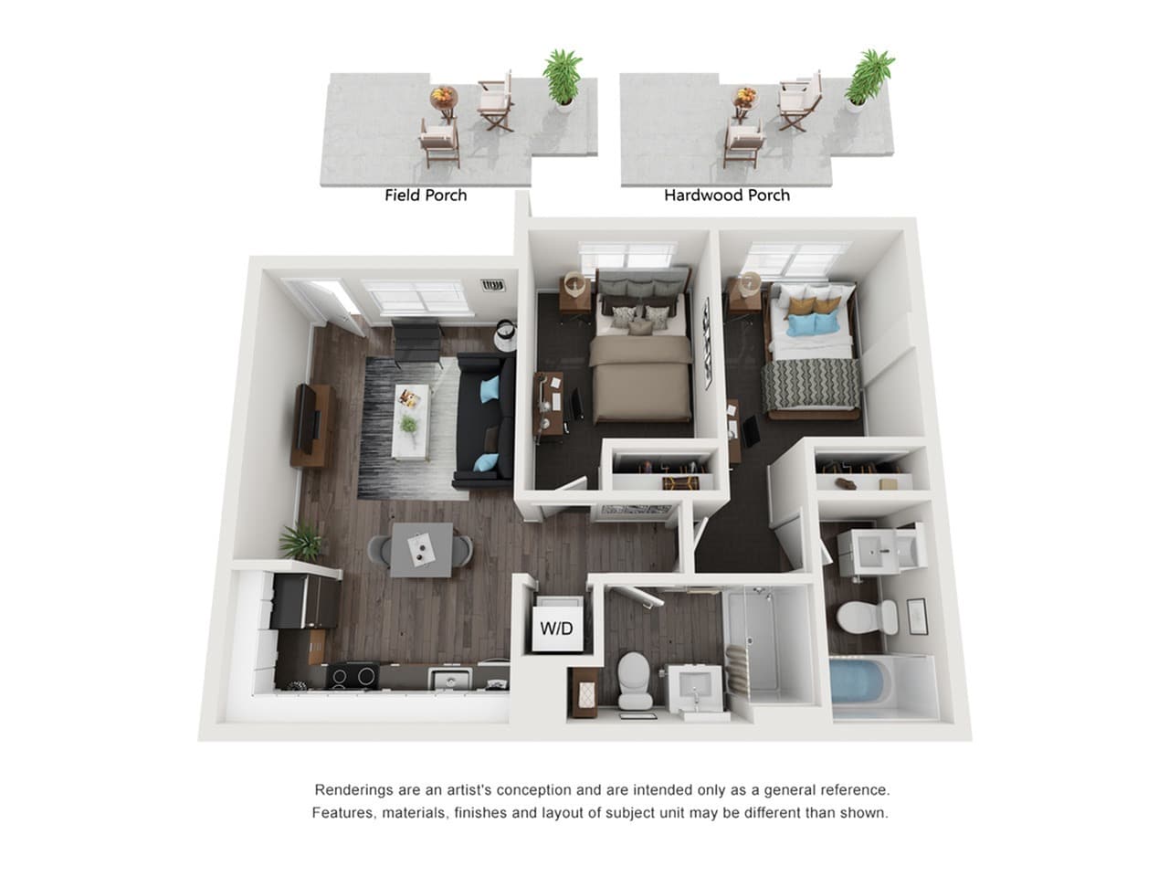 A 3D image of the 2BR/2BA – Field Elite Tech floorplan, a 704 squarefoot, 2 bed / 2 bath unit