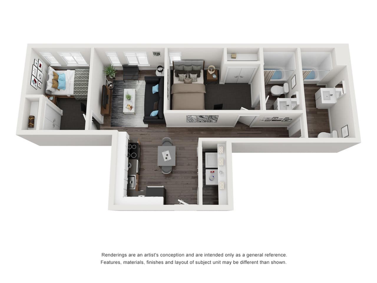 A 3D image of the 2BR/2BA – Prairie Elite Tech floorplan, a 765 squarefoot, 2 bed / 2 bath unit