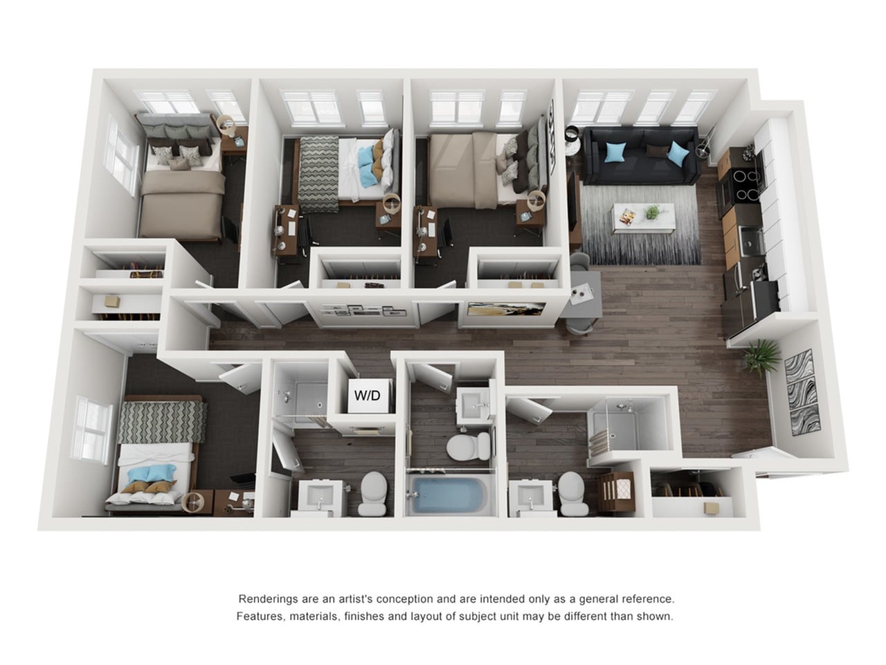 A 3D image of the 4BR/3BA – Douglas Elite Tech floorplan, a 996 squarefoot, 4 bed / 3 bath unit