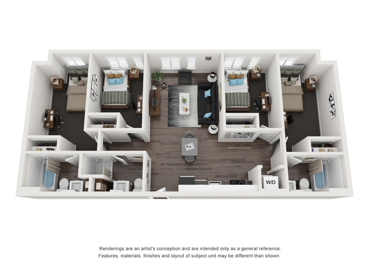 A 3D image of the 4BR/3BA – Oak Elite Tech floorplan, a 1093 squarefoot, 4 bed / 3 bath unit