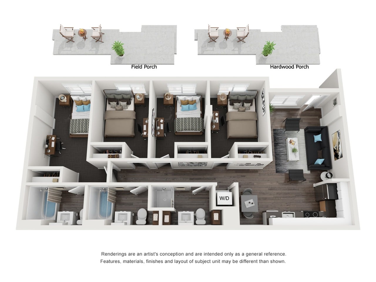 A 3D image of the 4BR/3BA – Woodlands Elite Tech floorplan, a 1013 squarefoot, 4 bed / 3 bath unit