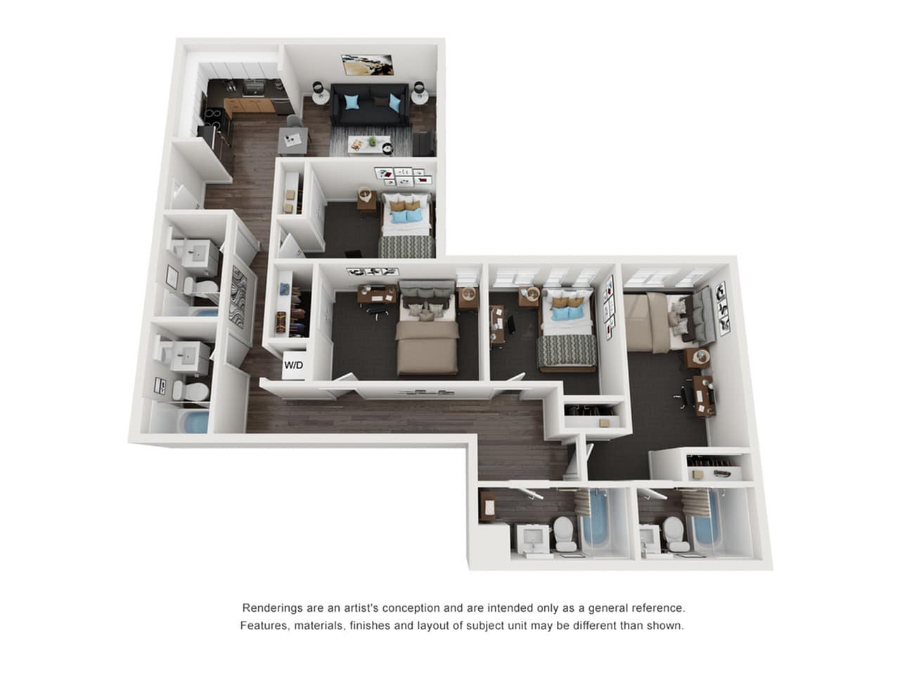 A 3D image of the 4BR/4BA – Ranch Elite Tech floorplan, a 1324 squarefoot, 4 bed / 4 bath unit