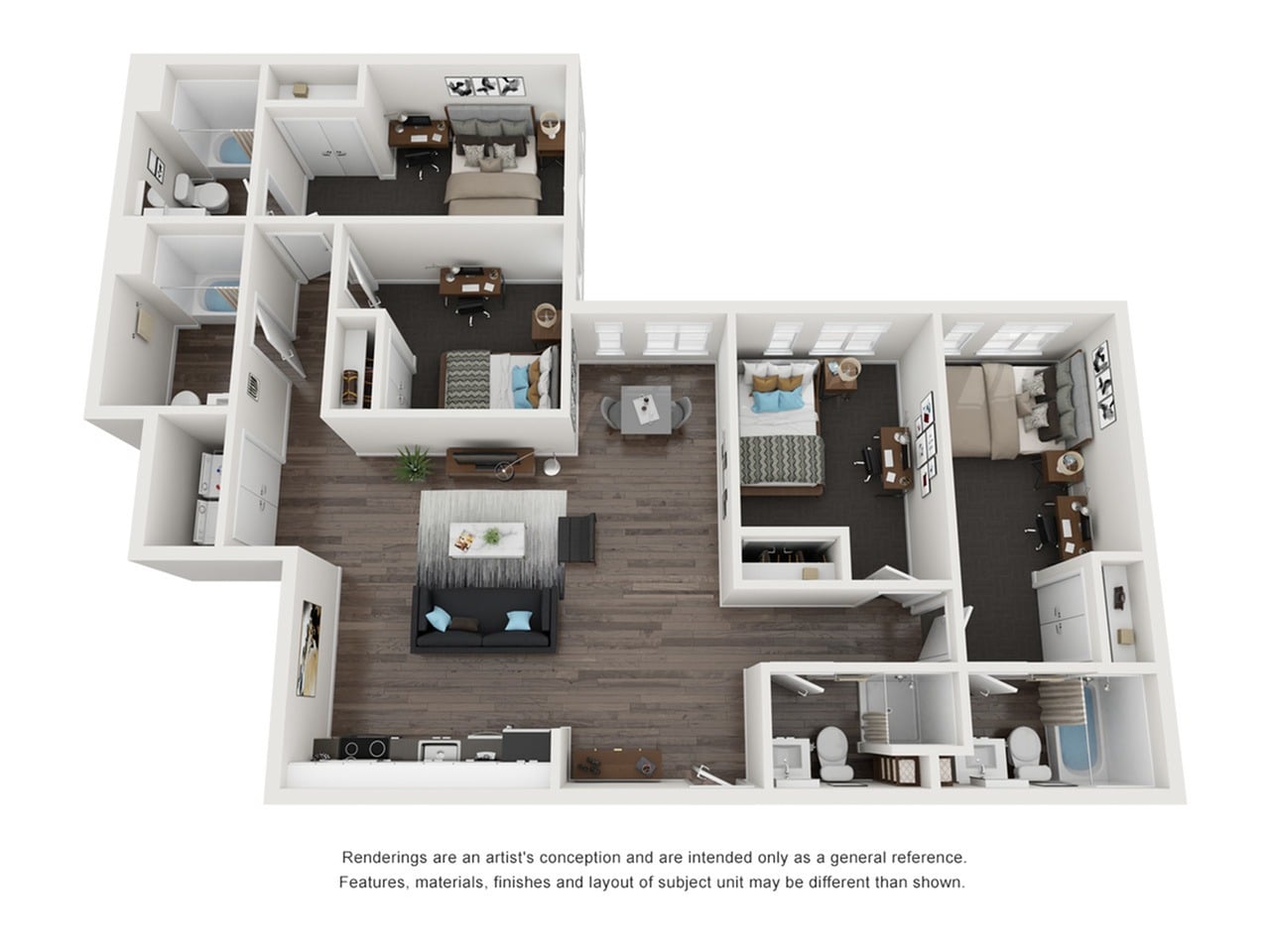 A 3D image of the 4BR/4BA – Upland Elite Tech floorplan, a 1361 squarefoot, 4 bed / 4 bath unit