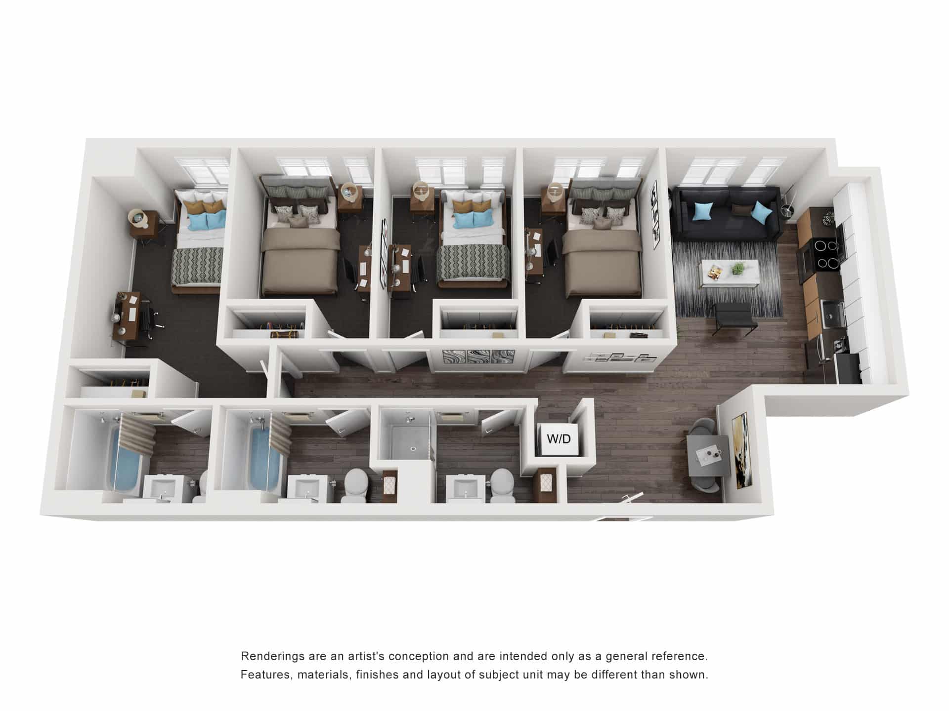 A 3D image of the 4BR/3BA – Hardwood Elite Tech floorplan, a 1042 squarefoot, 4 bed / 3 bath unit