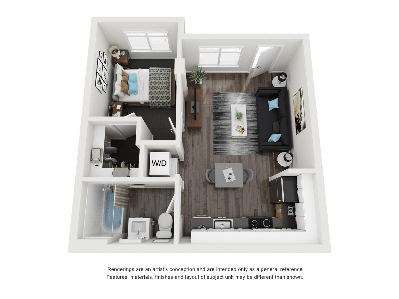 A 3D image of the 1BR/1BA – Pasture Tech floorplan, a 448 squarefoot, 1 bed / 1 bath unit