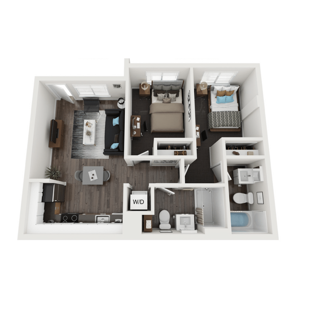 A 3D image of the 2BR/2BA – Field Elite Tech floorplan, a 704 squarefoot, 2 bed / 2 bath unit